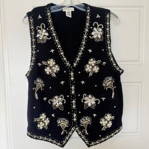 Vintage Yarnworks Holiday Women's Black Sweater Vest Embroidered Beaded Sz Large